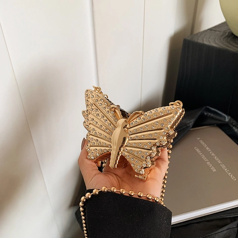 Bolso de Noche de Aleación con Forma de Mariposa y Strass para Mujer Bolso Bandolera de Lujo con Cristales y Cadena de Metal