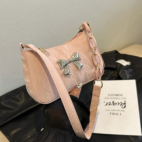 Damen Schleife Achseltasche Chic PU Faltentextur Schultertasche Mit Kette Kleine Quadratische Hobo Tasche Für Party Alltag Mode Handtasche