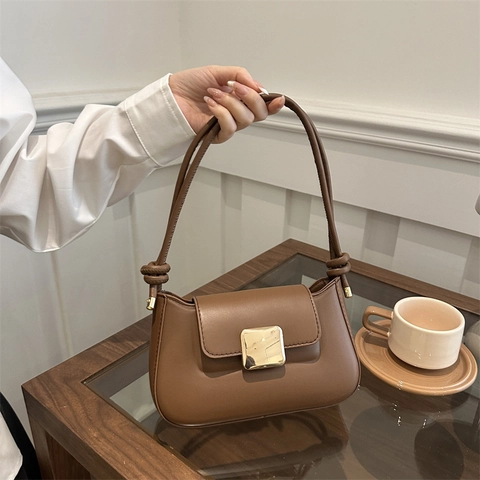Minimalist Women Underarm Bag PU Leather Retro Baguette Bag With Golden Square Buckle Knot Strap Daily Shoulder Bag