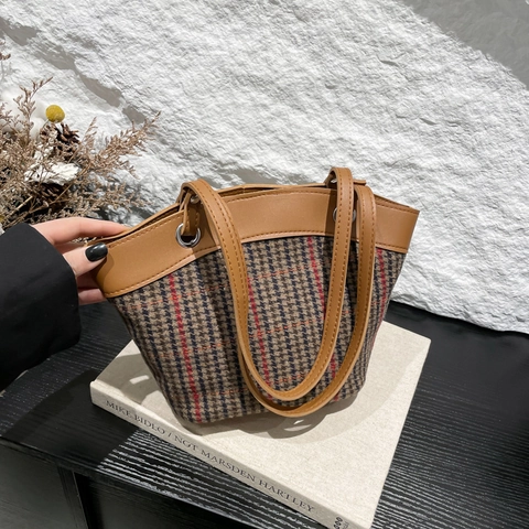 Vintage Hahnentritt Karo Tote Bag PU Leder Patchwork Schulter Eimer Handtasche Für Frauen Pendler Alltag