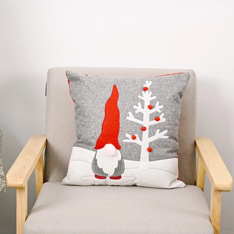Christmas Gnome Nordic Faceless Doll Cushion Cover Gray White Applique Tree With Pom Poms Decorative Holiday Home Pillowcase