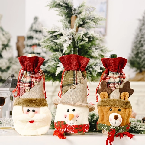 Kerst Wijnfleshoes Linnen Ruitpatroon Knoop Kerstman Sneeuwpop Rendier Tafeldecoratie Feestelijke Wijntas Voor Huis Hotel