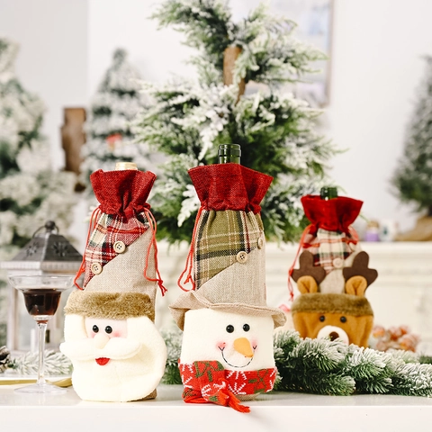 Kerst Wijnfleshoes Linnen Ruitpatroon Knoop Kerstman Sneeuwpop Rendier Tafeldecoratie Feestelijke Wijntas Voor Huis Hotel