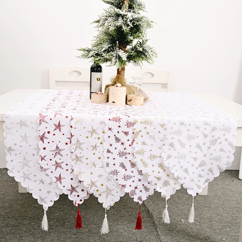 Weihnachten Tischläufer Weiß Gold Silber Rot Folie Weihnachtsbaum Stern Druck Wellenkante Mit Quaste Party Tischdeko