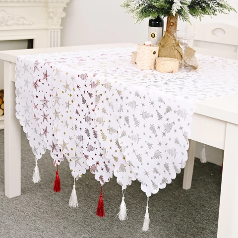 Weihnachten Tischläufer Weiß Gold Silber Rot Folie Weihnachtsbaum Stern Druck Wellenkante Mit Quaste Party Tischdeko