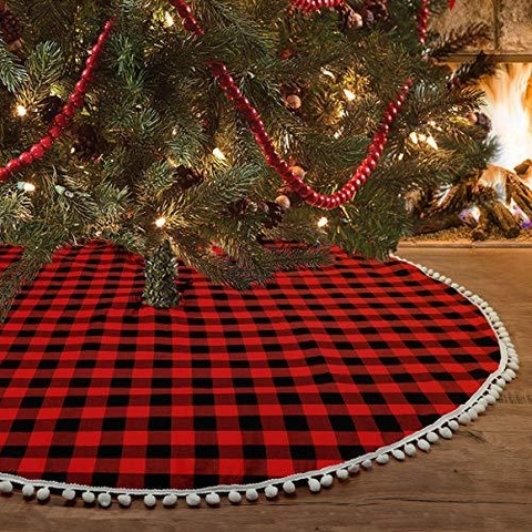 Falda Para Árbol De Navidad Diseño De Cuadros Buffalo Con Ribete De Pompones Blancos Decoración De Fiesta Rústica