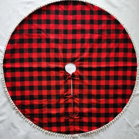 Falda Para Árbol De Navidad Diseño De Cuadros Buffalo Con Ribete De Pompones Blancos Decoración De Fiesta Rústica