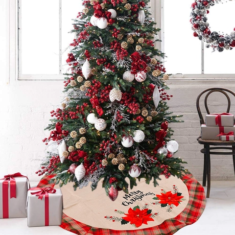 Rustikaler Weihnachtsbaumrock Polyester Jute Rot Grün Tartan Plaid Rüschen Weihnachtsstern Frohe Weihnachten Deko