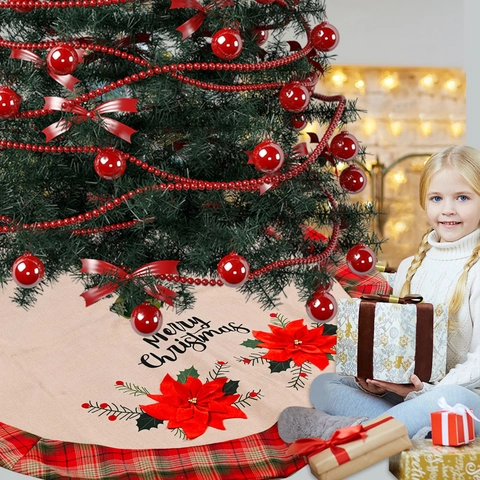 Rustikaler Weihnachtsbaumrock Polyester Jute Rot Grün Tartan Plaid Rüschen Weihnachtsstern Frohe Weihnachten Deko