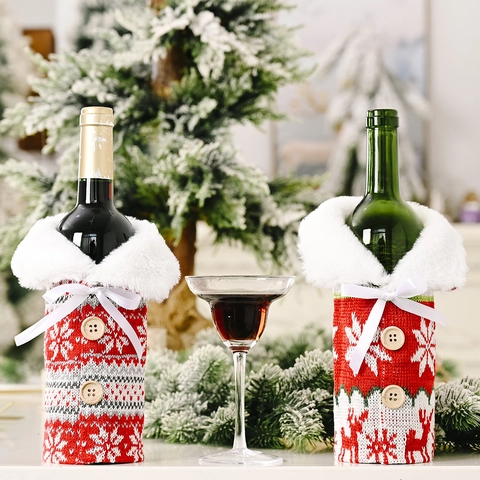 Christmas Wine Bottle Cover Knitted Red Sweater Decoration With Faux Fur Collar Wood Button Snowflake Reindeer Patterns
