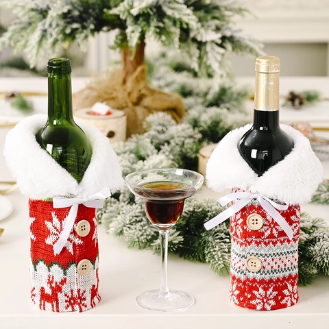 Christmas Wine Bottle Cover Knitted Red Sweater Decoration With Faux Fur Collar Wood Button Snowflake Reindeer Patterns