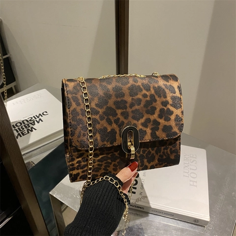 Women Leopard Print Shoulder Bag Vintage PU Leather Small Square Crossbody Bag With Golden Metal Chain And Oval Lock