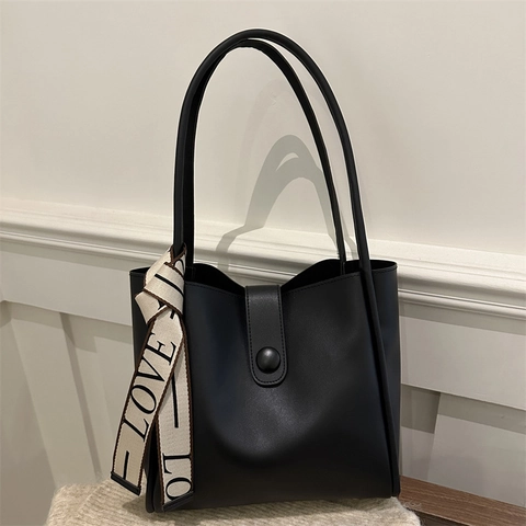 Women Minimalist PU Leather Tote Bag With Decorative Scarf Large Capacity Commuter Shoulder Bag And Small Pouch Set