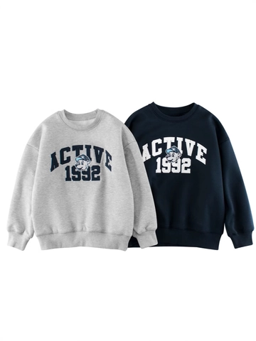Felpa Foderata in Pile per Bambini Retro Americano Lettere Orso Cartone Animato Stampa Manica Lunga Girocollo Pullover Ragazzo Ragazza Casual