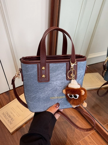 Borsa A Secchiello Da Donna In Denim E Tela Con Ciondolo Mostro Di Peluche Manico In Pelle PU