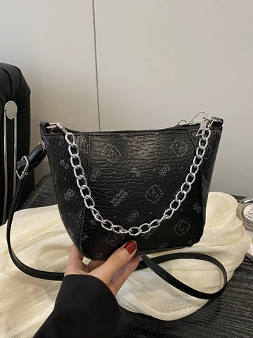 PU Leather Shoulder Bag Letter Bear Print Crossbody Bag Decorative Silver Chain Zipper Closure Lychee Texture Women Fashion