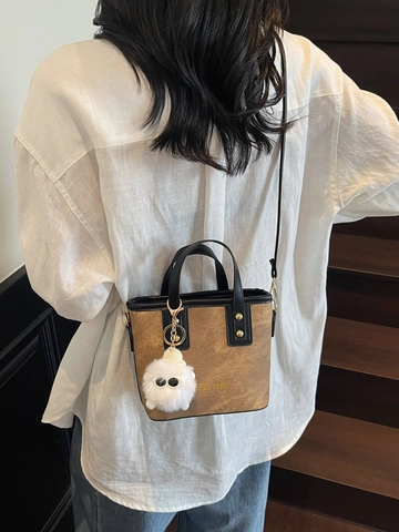 Borsa A Secchiello Da Donna In Denim E Tela Con Ciondolo Mostro Di Peluche Manico In Pelle PU