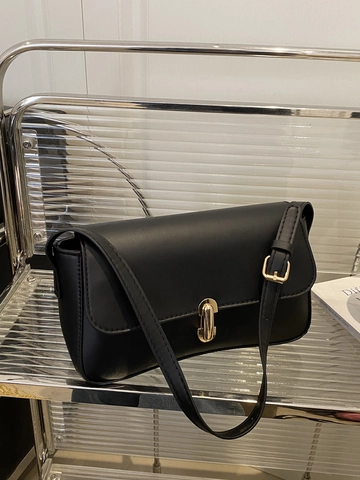 Minimalist PU Leather Underarm Shoulder Bag For Women French Vintage Style Gold Lock Clasp Commuter Bag