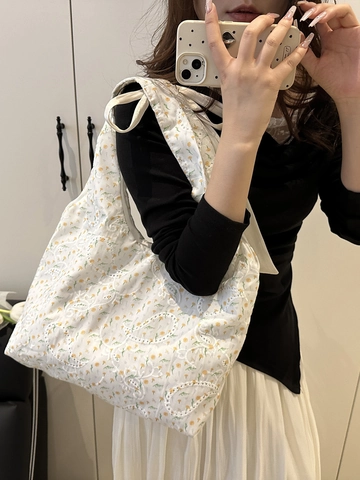 Damen Canvas Tote Bag Blumen Spitze Stickerei Große Kapazität Schulter Unterarm Tasche Koreanischer Stil Sommer