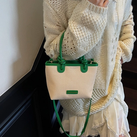 Dames Mode Geweven PU Leer Tote Bag Contrast Kleur Stiksel Kleine Vierkante Schouder Crossbody Tas Minimalistische Handtas