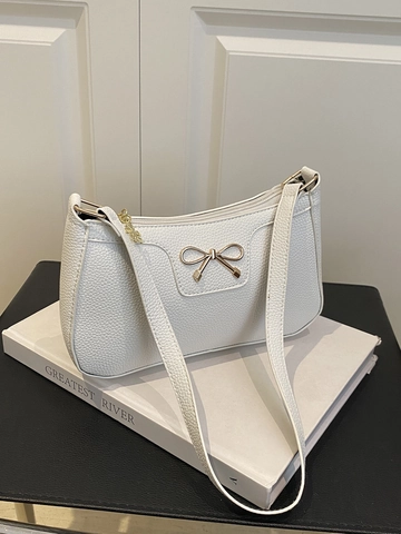 Women Baguette Underarm Shoulder Bag PU Leather Litchi Grain Golden Bow Knot Chic Minimalist Solid Color Purse