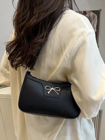 Women Baguette Underarm Shoulder Bag PU Leather Litchi Grain Golden Bow Knot Chic Minimalist Solid Color Purse