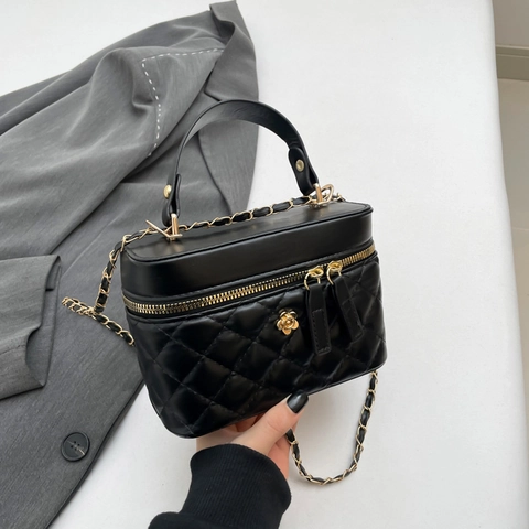 Bolso de Mano Acolchado Con Patrón de Diamante Decoración de Flor Y Correa de Cadena Mujer Bolso de Hombro Cuero PU Box Bag
