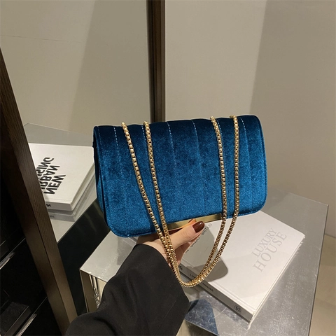 Damen Samt Gesteppte Ketten Umhängetasche Metallstreifen Dekor Kleine Quadratische Crossbody Tasche Vintage Party Handtasche