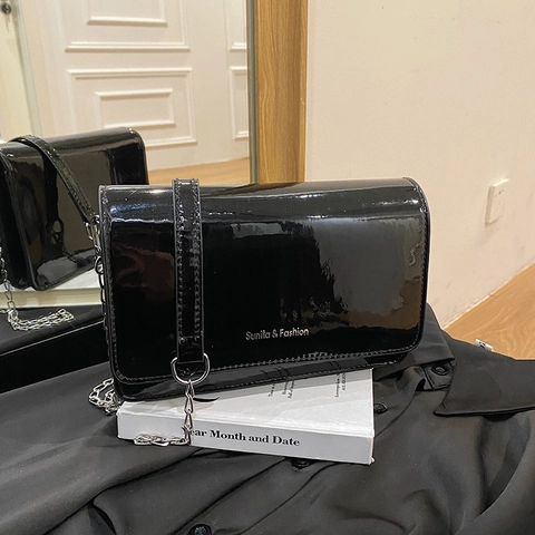 Women's Fashion Mirror PU Leather Small Square Bag With Chain Strap Minimalist Patent Crossbody Shoulder Handbag