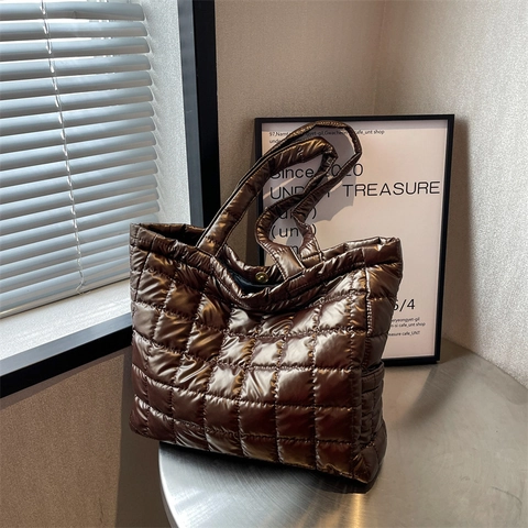 Damen Puffer Tote Bag Gesteppt Nylon Große Kapazität Metallic Finish Schultertasche Gepolsterte Winter Herbst Handtasche Mode Casual Taschen