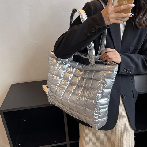 Damen Puffer Tote Bag Gesteppt Nylon Große Kapazität Metallic Finish Schultertasche Gepolsterte Winter Herbst Handtasche Mode Casual Taschen