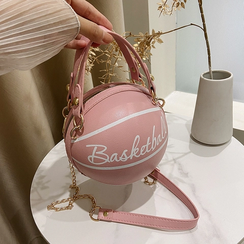 Basketball Shaped Shoulder Bag PU Leather Gold Chain Strap Top Handle Round Crossbody Purse For Women Fashion Novelty