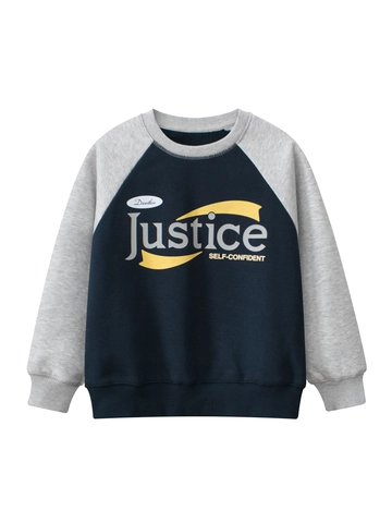 Kids Casual Raglan Sleeve Sweatshirt Cotton Blend Fleece Lined Pullover Noble Blue Heather Gray Letter Print Top For Boys Girls
