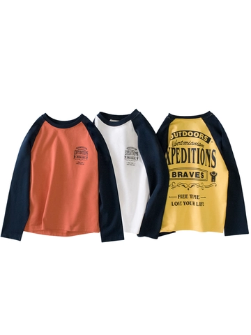 Camiseta de Raglán de Manga Larga para Niños 100% Algodón Peinado Retro Americano Bloques de Color Estampado de Letras Top para Niños