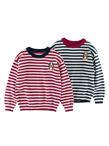 Maglione in Maglia di Cotone a Righe per Bambini Ricamo Cucciolo Manica Lunga Girocollo Pullover Casual Top per Autunno