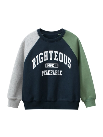 Felpa per Bambini Foderata in Pile in Misto Cotone Pullover a Maniche Raglan Colorblock con Stampa Lettere Retro per Ragazzi Ragazze