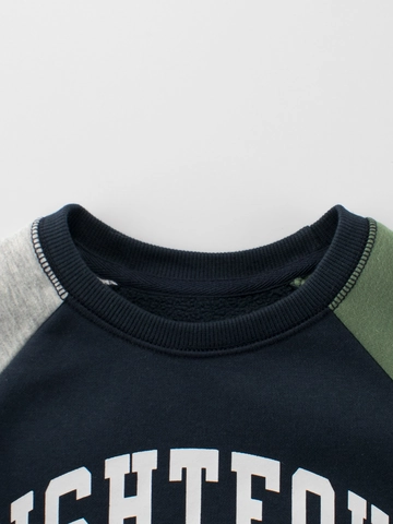 Felpa per Bambini Foderata in Pile in Misto Cotone Pullover a Maniche Raglan Colorblock con Stampa Lettere Retro per Ragazzi Ragazze