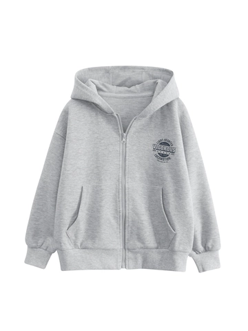 Kids Casual Cotton Blend Hooded Zip-up Jacket Grey Letter Print Long Sleeve Hoodie For Boys Girls Sports Outerwear