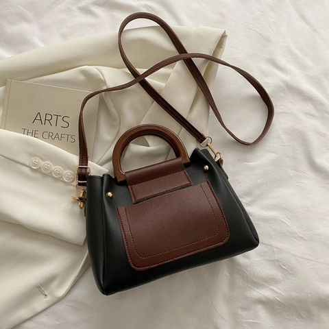 Damen Urban Minimalist Kunstleder Schultertasche Retro Farbblock Tote Mit Rundem Griff Pendler Umhängetasche