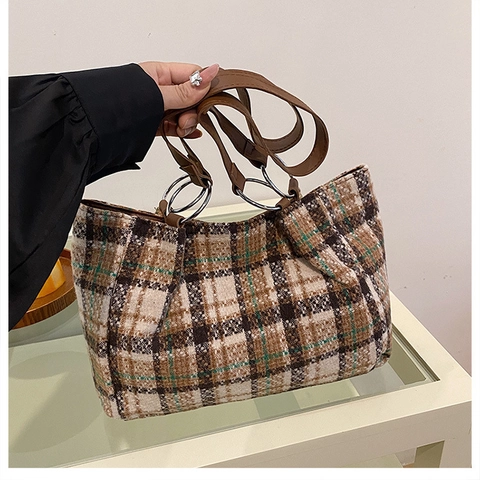 Borsa Tote Vintage In Tweed A Quadri Grande Capacità Stile Coreano Borsa A Spalla In Lana Con Anello In Metallo Donna