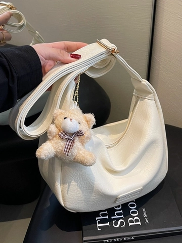 Modische Halbmond Hobo Tasche PU Leder Verstellbarer Riemen Umhängetasche Für Frauen Mit Plüschbär Anhänger