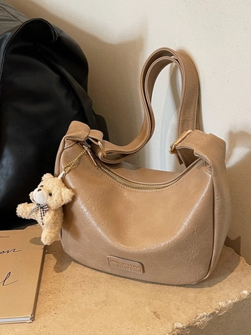 Modische Halbmond Hobo Tasche PU Leder Verstellbarer Riemen Umhängetasche Für Frauen Mit Plüschbär Anhänger