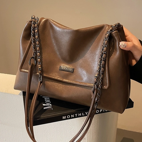 Borsa A Spalla Retro In Pelle PU Per Donna Borsa A Mano Minimalista Con Tracolla A Catena In Metallo Quotidiana Grande Capacità
