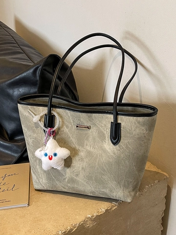 Borsa Tote Grande Capacità Retrò Pelle PU Borsa Spalla Per Donne Lavoro Scuola Uso Quotidiano Con Ciondolo Stella Peluche