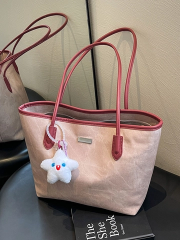 Borsa Tote Grande Capacità Retrò Pelle PU Borsa Spalla Per Donne Lavoro Scuola Uso Quotidiano Con Ciondolo Stella Peluche