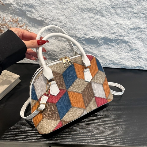Damen Mehrfarbiges Geometrisches Patchwork Muscheltasche PU Leder Handtasche Umhängetasche Urban Retro Kuppeltasche