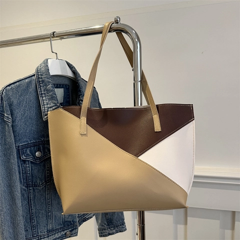 Bolso Tote de Cuero PU de Gran Capacidad para Mujer Patchwork Geométrico Color Contraste Bolso de Hombro Con Cartera