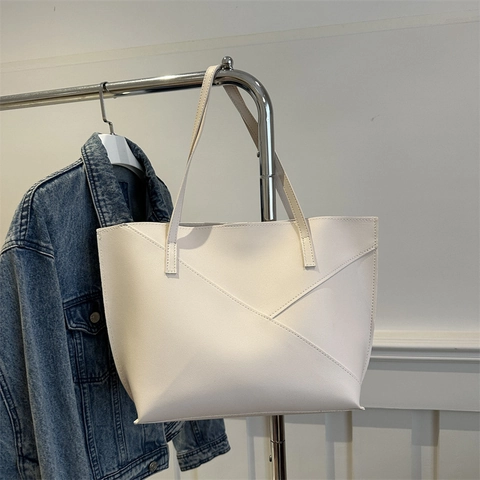 Bolso Tote de Cuero PU de Gran Capacidad para Mujer Patchwork Geométrico Color Contraste Bolso de Hombro Con Cartera
