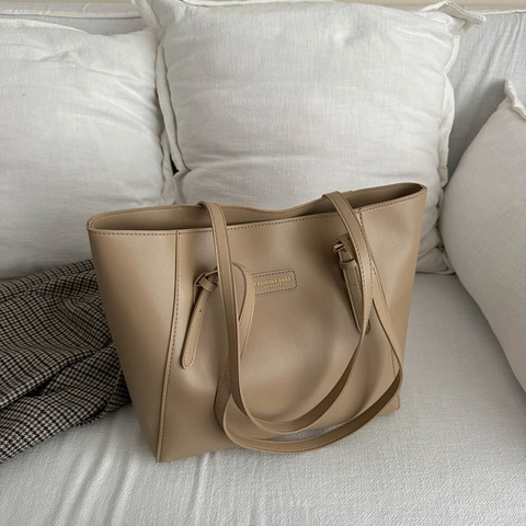 Minimalist Large Capacity PU Leather Tote Bag For Women Commuter Solid Color Shoulder Bag Simple Practical Zip Handbag