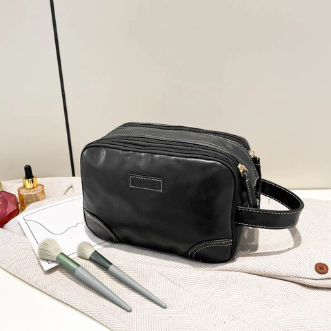 Pochette pour Femme en Cuir PU Minimaliste Urbain Multi-Fermeture Éclair Trousse à Maquillage de Grande Capacité Organisateur de Voyage pour Articles de Toilette Sac à Main de Navettage Avec Poignée Latérale